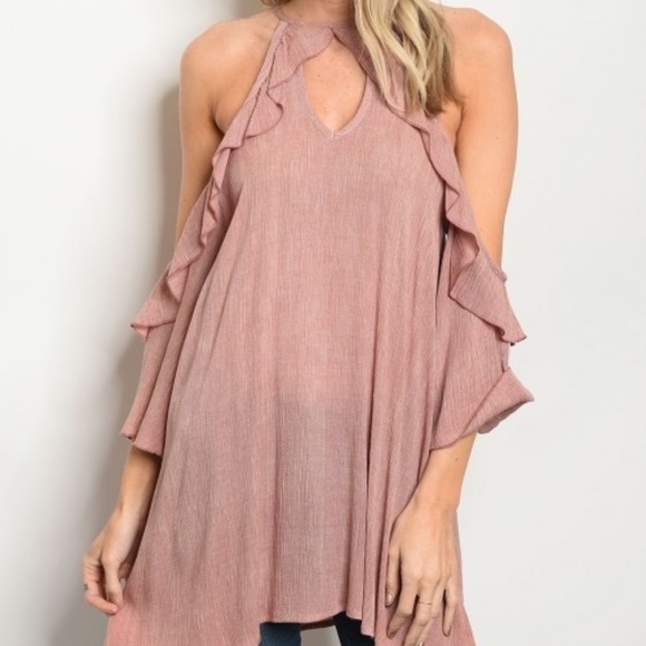 Mauve, Ruffle tunic Cold Shoudler top - Picture 2 of 5
